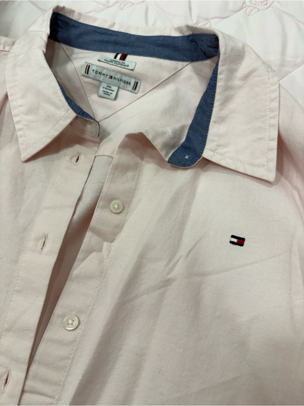 Tommy Hilfiger Pale Pink Button-Down Shirt with Navy Trim